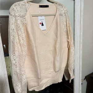 Cream V-Neck Sweater with Lace Sleeves